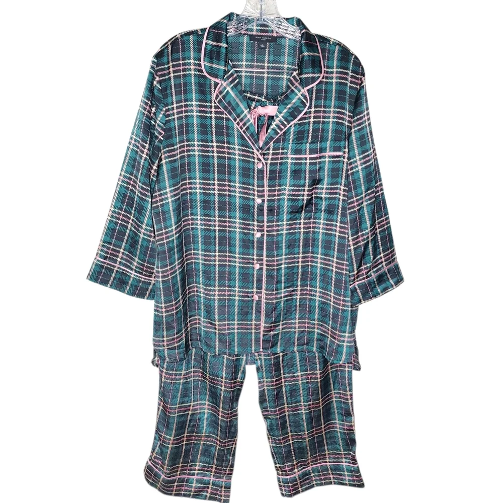Ann Taylor‎ Sleep ~ Green & Pink Plaid Satin Pajama Set Size Large